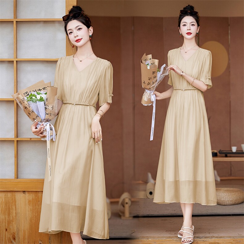 天丝雪纺连衣裙女夏季2025新款高级感时尚气质收腰显瘦中长款裙子，女装连衣裙，韩然一族