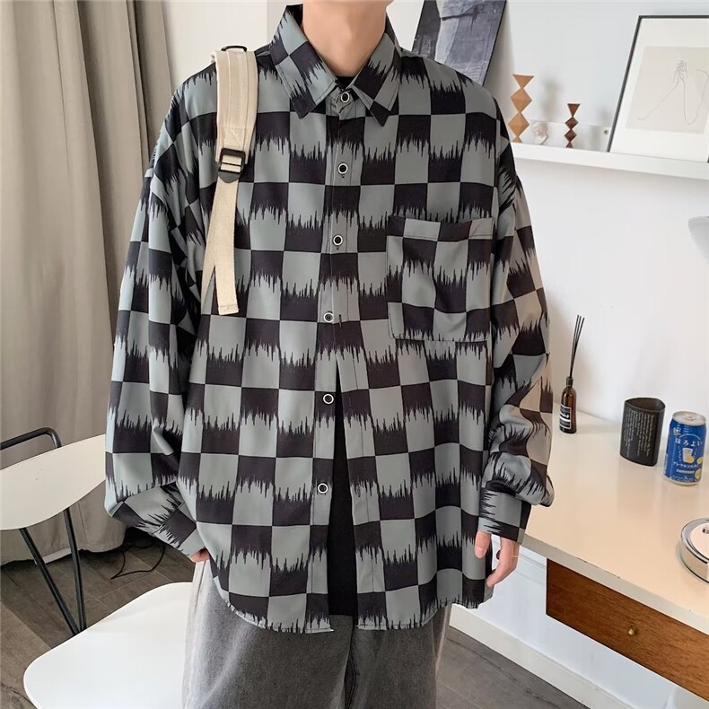 2023春秋新款男拼色翻领格子衬衫男宽松复古青年外衣CS02206-P35,男装衬衫,星座308B-1