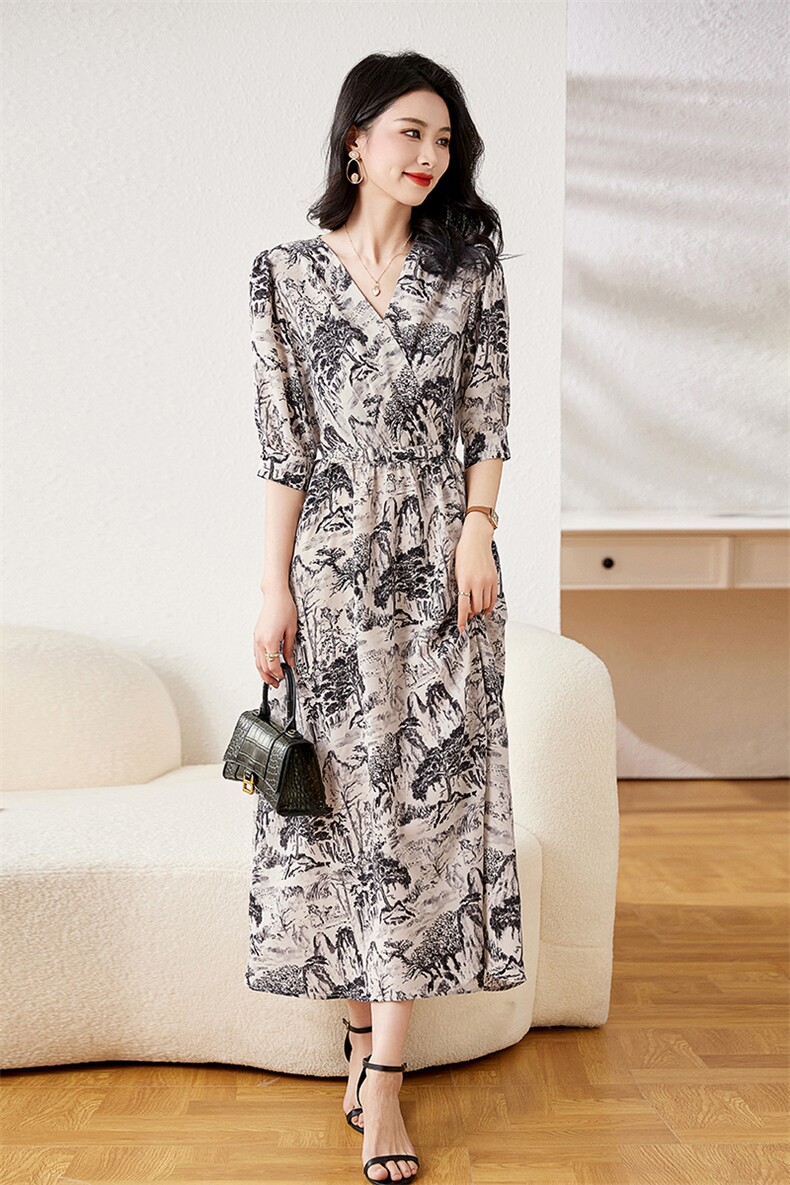现货！2023新款夏季中长款连衣裙V领半袖裙子雅佳俏522#,女装连衣裙,雅佳俏