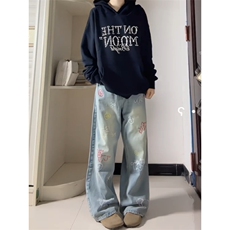 网图复古牛仔裤女秋冬季新款宽松直筒阔腿拖地长裤子潮，男装牛仔裤，星座410-7