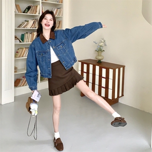 复古水洗牛仔短款外套女2026年春季新款撞色小个子翻领夹克上衣图片