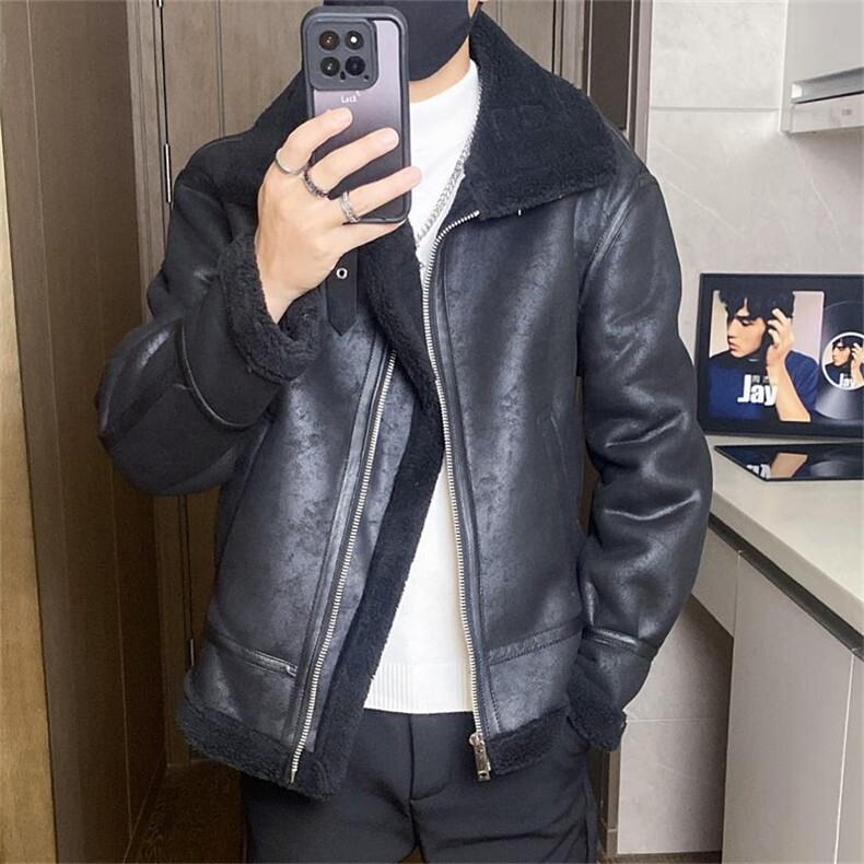 68801-P208美式皮毛一体休闲翻领男士加绒加厚冬季宽松外套，女装短外套，电商D310B-1