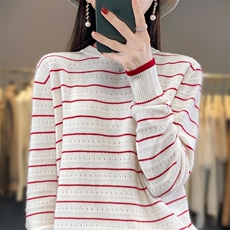 2025年春羊毛衫女毛衣圆领条纹打底衫新款宽松针织上衣，女装羊毛衫，优麦羊绒（原洪叶羊绒）