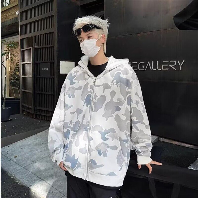 RJ641美式复古鲨鱼头双帽拉链卫衣男潮牌青少年宽松迷彩外套,男装卫衣,星座308A-1（原309B-1）