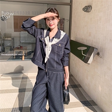 【新品】牛仔套装短外套+弯刀裤两件套带蕾丝披肩，女装套装/套裙，2B076