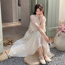 民族风新中式短袖绣花衬衫半身裙两件套仙女裙松紧腰2024年夏季，女装连衣裙，诺蝶