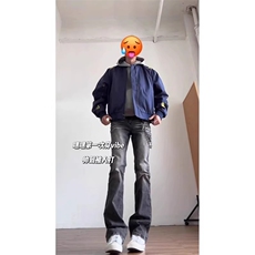 美式高街vibe风水洗黑灰牛仔裤男女修身显瘦微喇裤子WL1137-P50，男装牛仔裤，星座1008