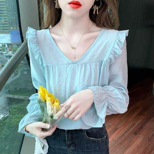 很仙宽松洋气棉麻防晒上衣早秋长袖衬衫女士上衣,女装蕾丝衫/雪纺衫,潮品会