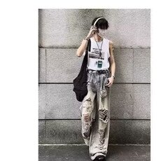 美式高个夏季破洞牛仔裤男泥染做旧高街废土风裤子阔腿拖地乞丐裤，男装牛仔裤，星座506A