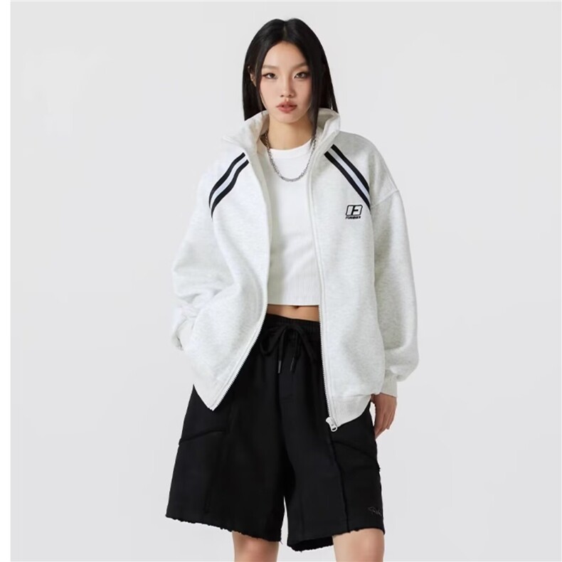 美式复古条纹开衫外套女2025春秋新款运动风宽松休闲潮立领卫衣,女装短外套,星座1210-1