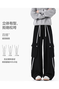 无影墙 A2187TP55控98-织带条纹工装牛仔裤男美式复古阔腿裤子图片
