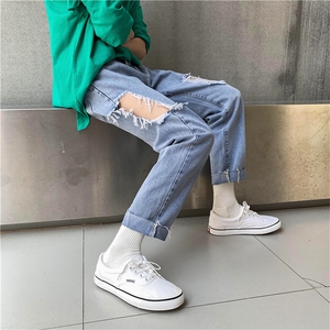 主推夏季ins潮牌破洞牛仔裤男韩版青少年宽松九分休闲裤N/图片