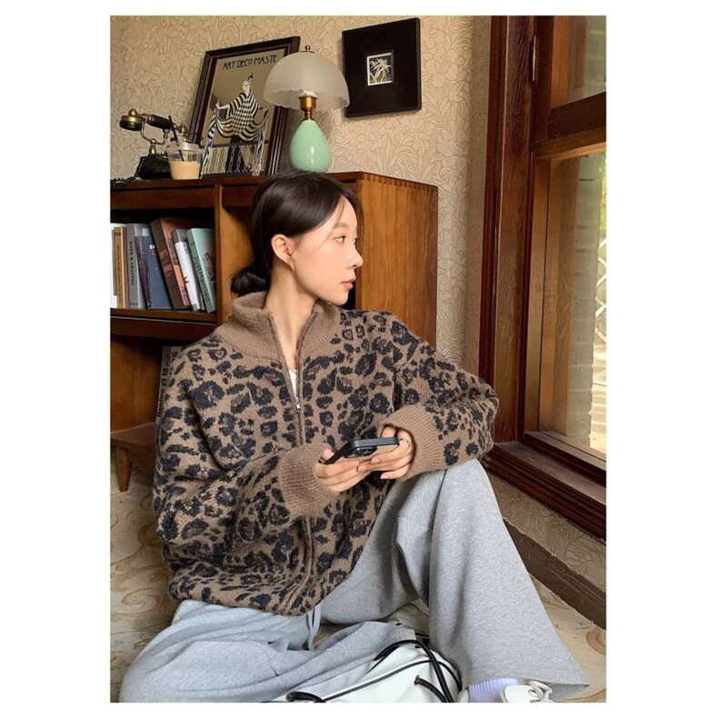 冬季宽松型美式复古豹纹立领拉链开衫外套女常规潮长袖休闲半高领,女装短外套,星座506A