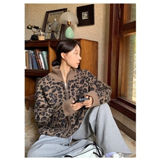 冬季宽松型美式复古豹纹立领拉链开衫外套女常规潮长袖休闲半高领，女装短外套，星座506A