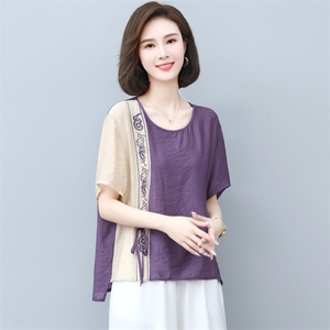 新款2025年夏季天丝刺绣T恤拼接上衣女中老年妈妈装三年不下架图片