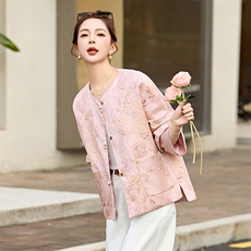 粉色小香风圆领提花外套女2025春季新款今年流行新中式小西服上衣，女装短外套，美沁