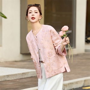 粉色小香风圆领提花外套女2025春季新款今年流行新中式小西服上衣图片