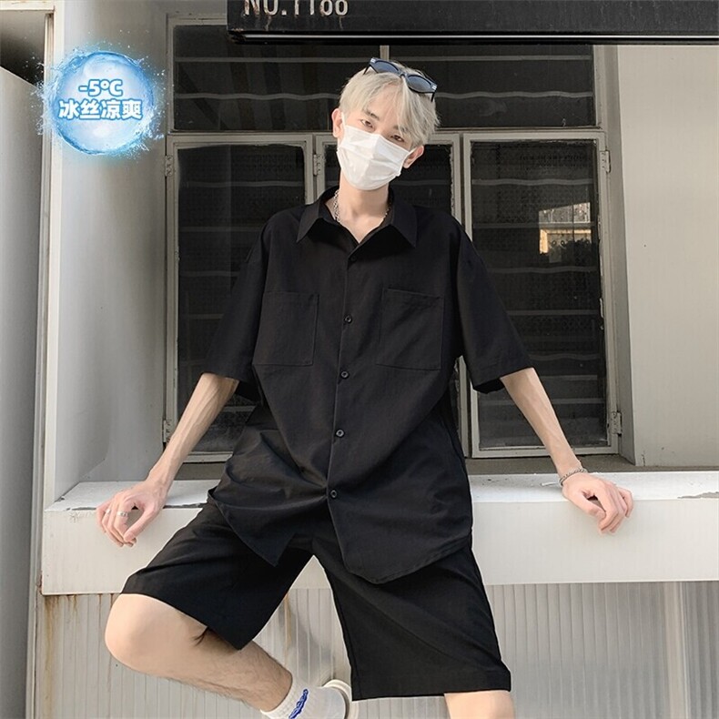 特批P45无差价夏季休闲简约纯色凉感冰丝大码两件套装男TZ5149,男装休闲套装,电商A001-1