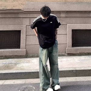 抖音得物品质 夏季美式高街纯棉三条杠织带男女短袖T恤 ZD588特25图片