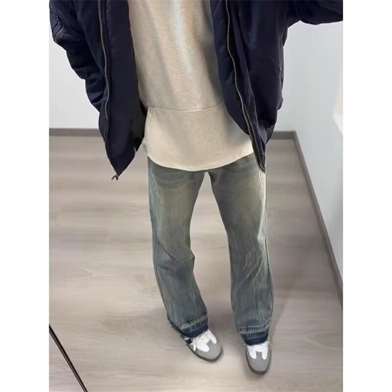 美式复古水洗做旧牛仔裤女男春季新款宽松直筒微喇裤子WLN466-P43,男装牛仔裤,星座1008