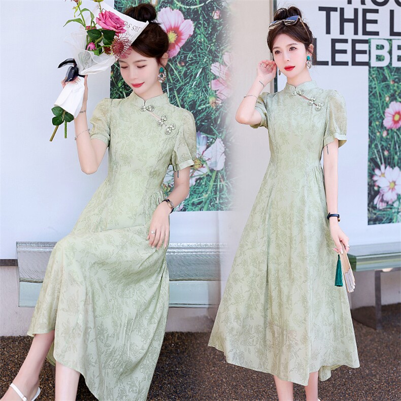 现货新中式连衣裙女夏改良版旗袍年轻款高端气质裙子女小众设计感，女装连衣裙，丽美静依