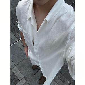 老钱风亚麻衬衫短裤套装男夏季薄款慵懒松弛感棉麻衬衣防晒薄外套图片