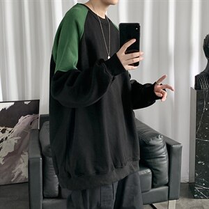 2021冬季新日系港风短句大码男宽松圆领拼接加绒加厚卫衣W653-P40,白斑马日系穿搭图片