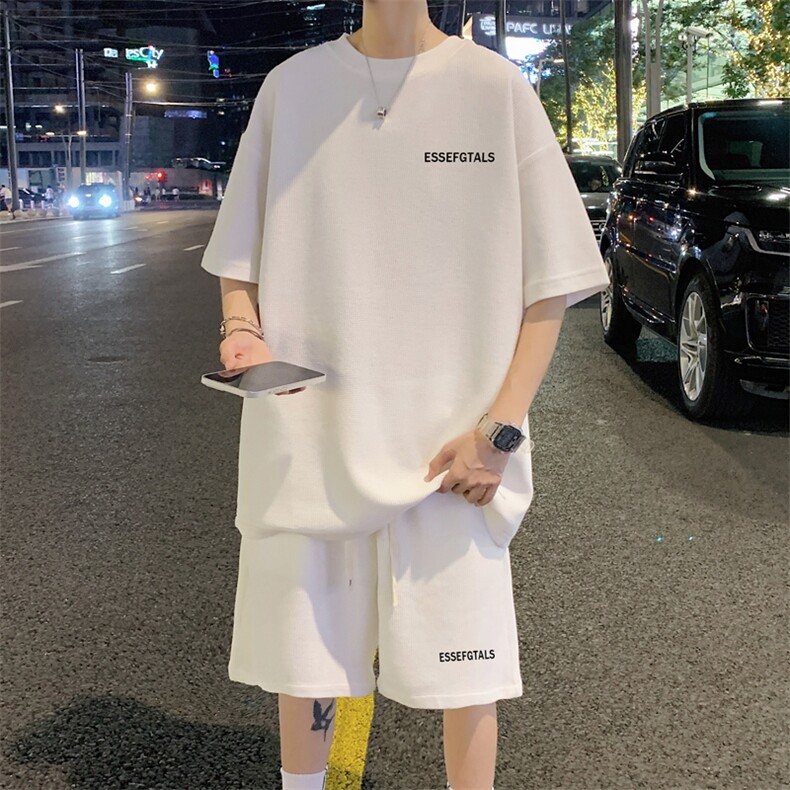 华夫格休闲时尚套装男夏季白色潮牌两件套青少年男生T恤运动短裤,男装T恤,电商B220