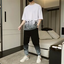 新款夏季潮流时尚T恤男装青少年宽松休闲圆领套装F308P68，男装休闲套装，电商A086
