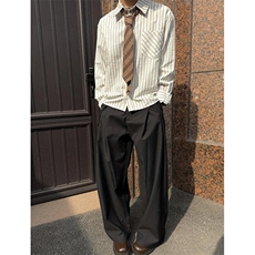 美式潮牌高街复古泡泡纱竖条纹日系肌理长袖衬衫男女休闲宽松衬衣，男装衬衫，电商A443