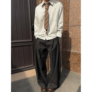 美式潮牌高街复古泡泡纱竖条纹日系肌理长袖衬衫男女休闲宽松衬衣图片