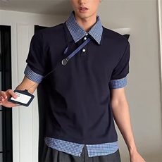 假两件POLO衫短袖男款夏季美式格纹miu穿搭高级感休闲半袖T恤衬衫，男装T恤，四季星座505