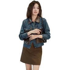 别致独特牛仔拼皮短外套女秋季2024新款通勤百搭可盐可甜短款上衣，女装牛仔外套，潮流依族