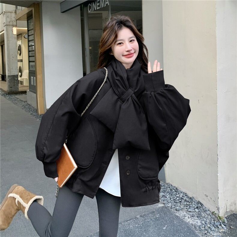 冬日韩系宽松羽绒服配围巾女2026新款设计感小个子大口袋保暖外套,女装羽绒服,2C159