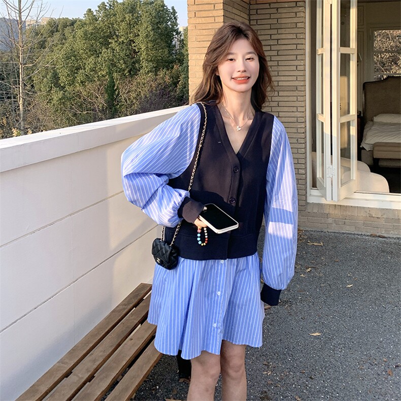 春装新品！条纹马甲假两件连衣裙-B208-9008-P145K208，女装连衣裙，浙宝208