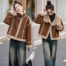 咖色加绒保暖皮毛一体外套女2024冬季新款宽松机车服加厚保暖棉服，女装棉衣/棉服，奕可儿