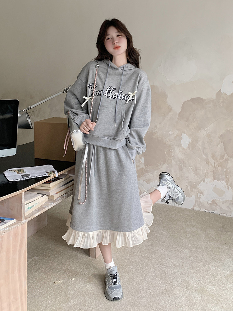灰色连帽卫衣套装女春2025新款学院风减龄木耳边拼接半身裙两件套,女装套装/套裙,天使之佳话