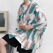 夏季短袖花衬衫男潮牌潮流帅气韩版宽松休闲七分袖衬衣男1030-p33图片