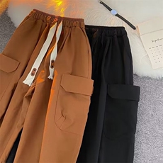 日系工装裤男春秋季新款宽松直筒卡其色休闲裤潮牌抽绳束脚阔腿裤，男装休闲裤，星座601-2