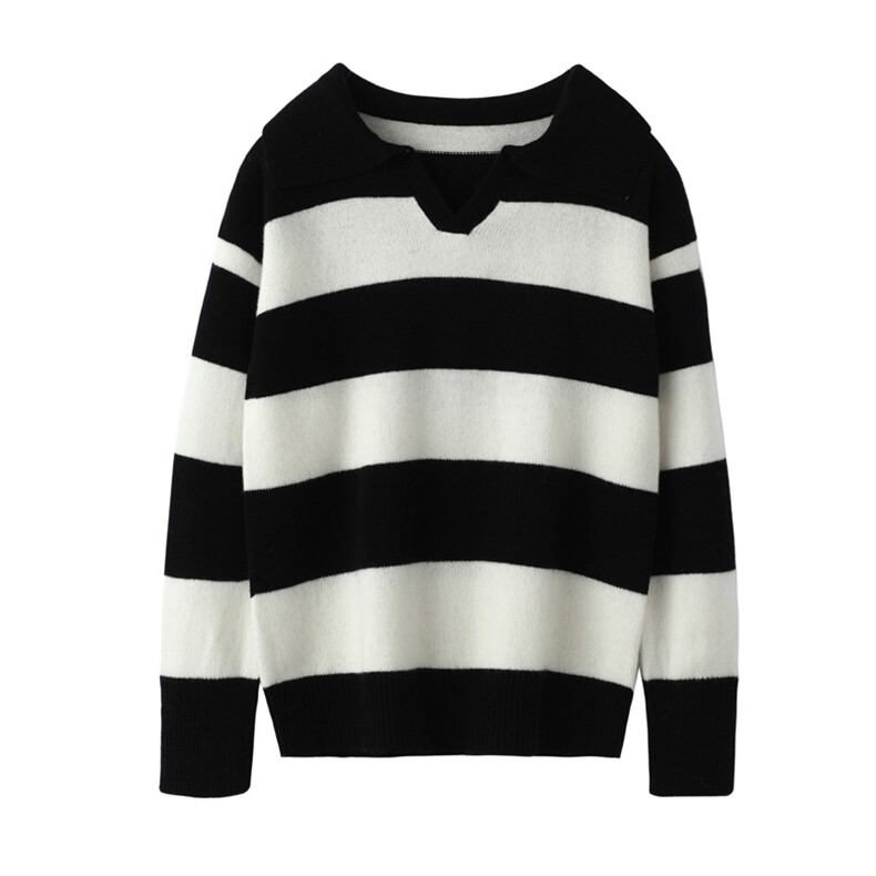 时尚潮流新款女士双色翻领羊毛衫优雅百搭条纹设计，女装羊毛衫，温贝羊绒