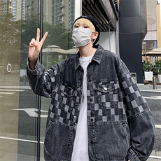 棋盘格拼接牛仔外套高街ins潮休闲百搭秋季夹克上衣JK052-P65，男装夹克，星座308B-1