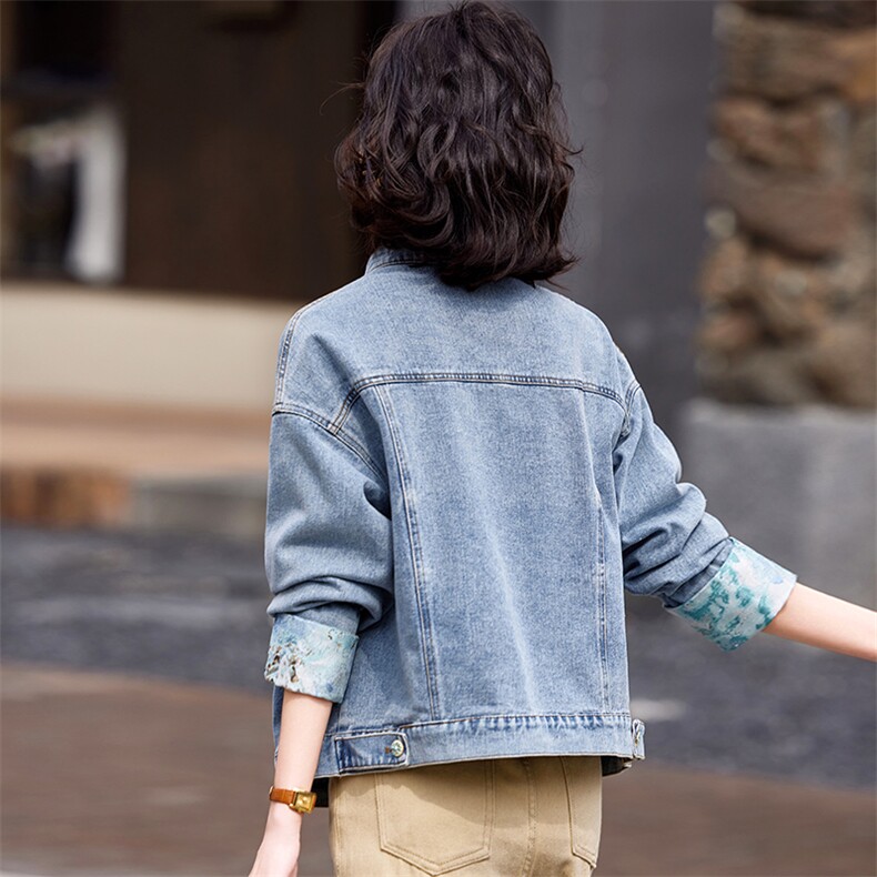 蓝色韩系休闲气质蕾丝拼接牛仔外套女2025早春新款小个子百搭夹克,女装短外套,靓衣阁