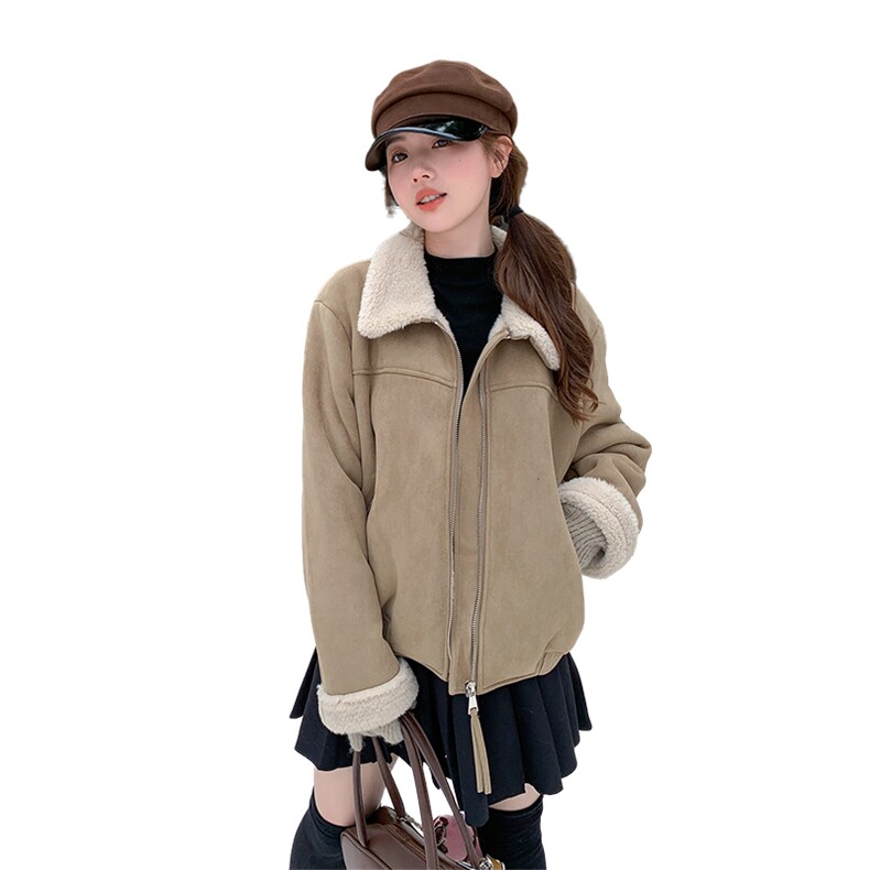 卡其色皮毛一体麂皮绒外套女2025冬季新款韩系简约加厚短款棉服潮,女装短外套,2D035