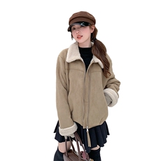 卡其色皮毛一体麂皮绒外套女2025冬季新款韩系简约加厚短款棉服潮，女装短外套，2D035
