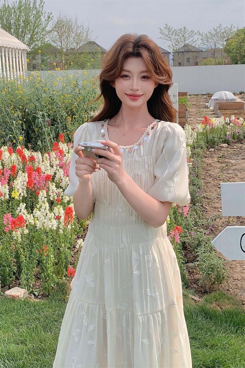夏季新品！树叶刺绣花度假风连衣裙85108白-208A-P130-K250,女装连衣裙,浙宝208A