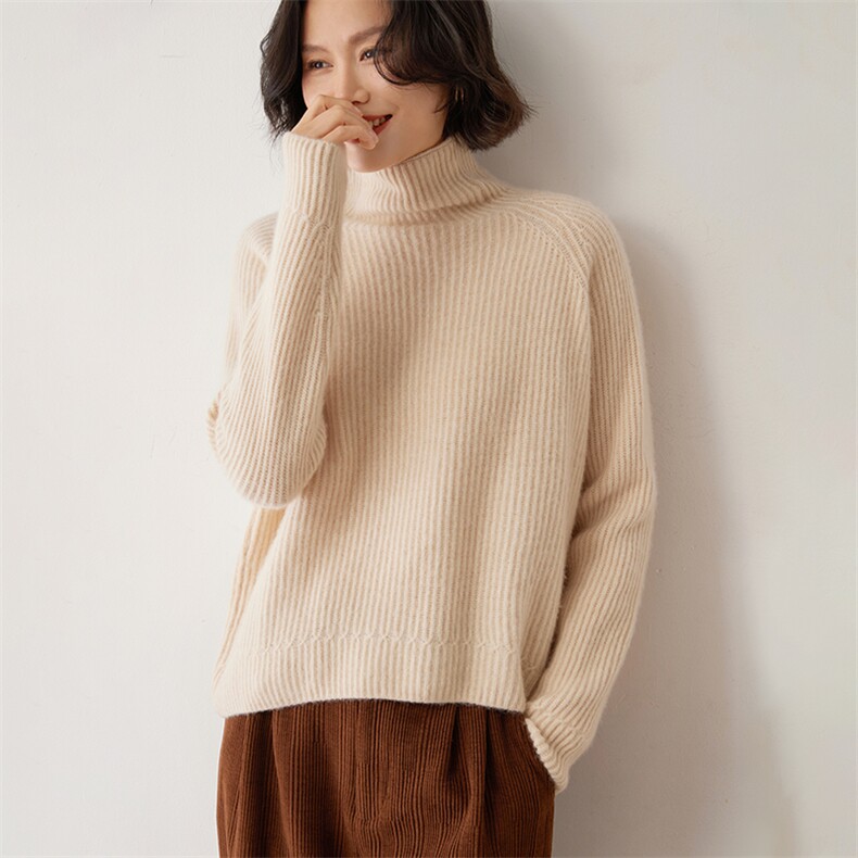 半高领毛衣女洋气秋冬季宽松纯色简约堆堆领35%羊绒衫，女装羊绒衫，雪山红莲