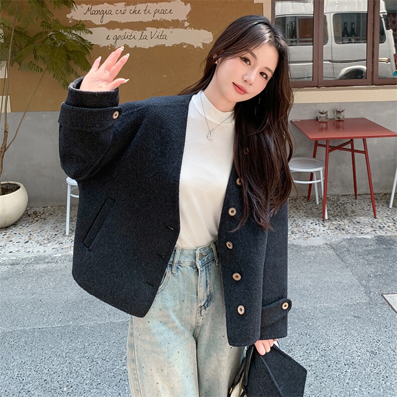韩版保暖围脖双面羊绒呢子大衣女2025秋冬季新款显瘦短款毛呢外套,女装双面呢大衣,蝶眷