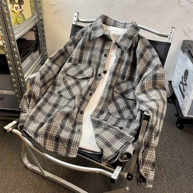 高级感格子衬衫男长袖痞帅vintage潮牌工装衬衣宽松休闲外套春秋图片