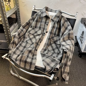 高级感格子衬衫男长袖痞帅vintage潮牌工装衬衣宽松休闲外套春秋图片