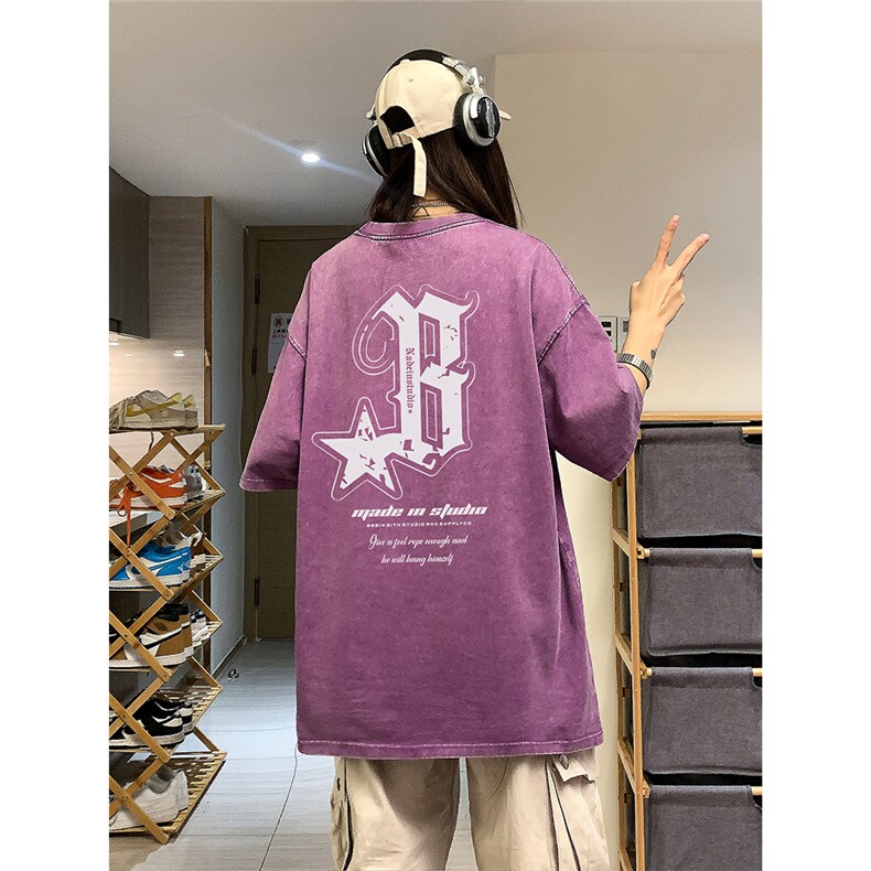 EQ205*水洗美式复古短袖男女学院风做旧T恤潮流印花体恤2024新款,男装T恤,电商C306-1